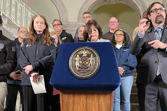 First Deputy Mayor Lorraine Grillo at the podium briefing New Yorkers on the city's handling of the winter storm. Grillo stepped in for Mayor Eric Adams, who was not available.